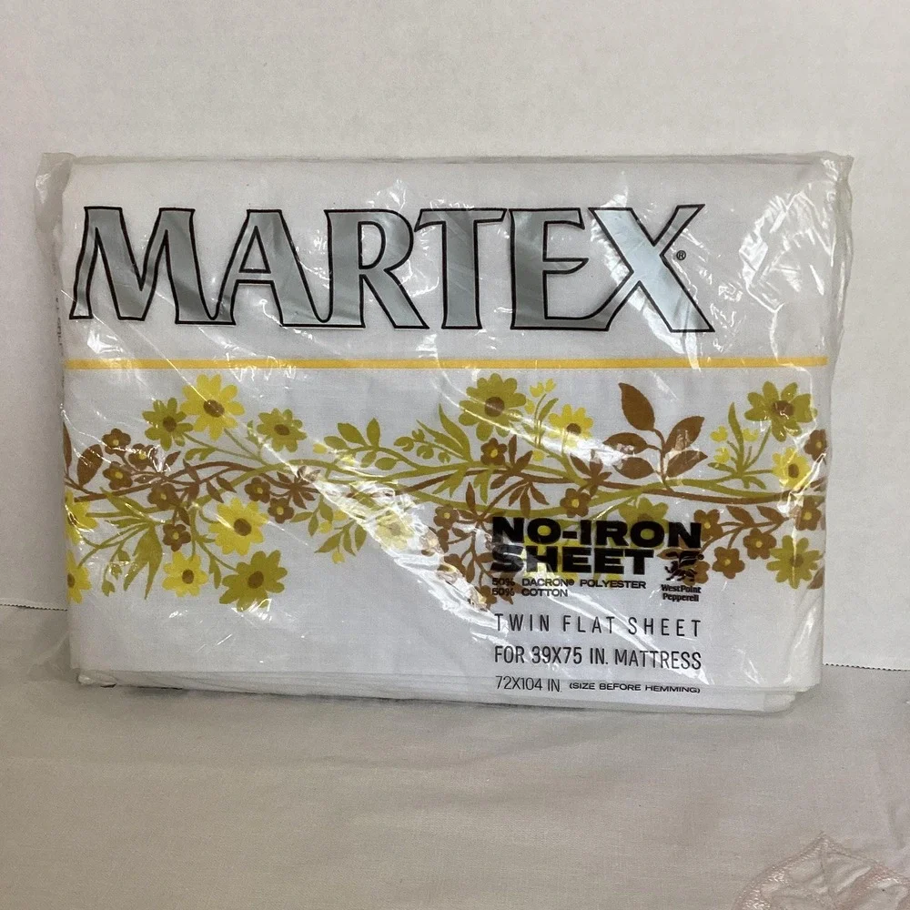 Martex Twin Flat Sheet Vintage 70s‎ White Yellow Floral NEW NOS No-Iron Muslin